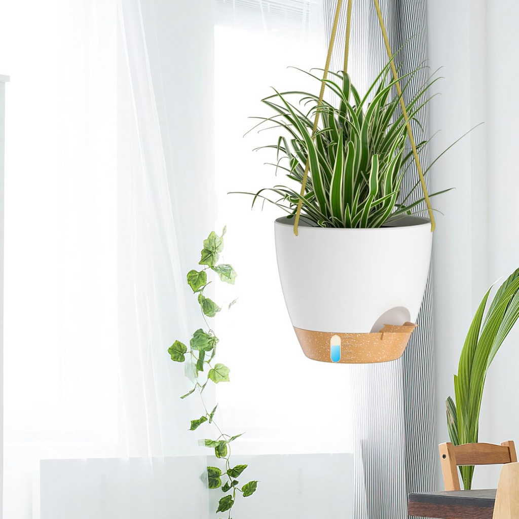 Set de 2 maceteros colgantes de autorriego de 20 cm con orificios de drenaje y depósito de agua, blancos