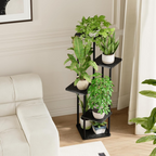Estantería esquinera para plantas de 5 niveles, estructura metálica con estantes de madera, negra, para interior y exterior