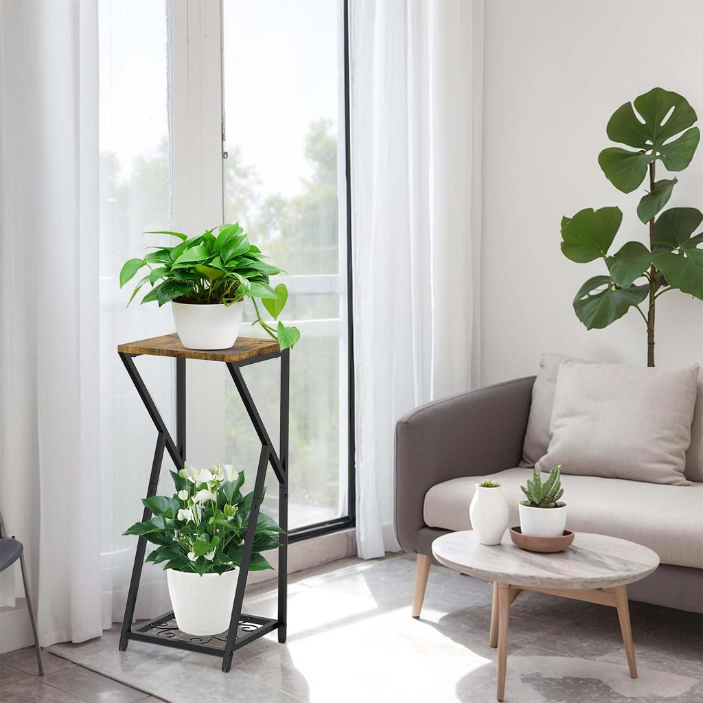 Soporte para plantas de 2 niveles, estructura metálica con estante de madera, ideal para interior, balcón y terraza