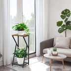 Soporte para plantas de 2 niveles, estructura metálica con estante de madera, ideal para interior, balcón y terraza