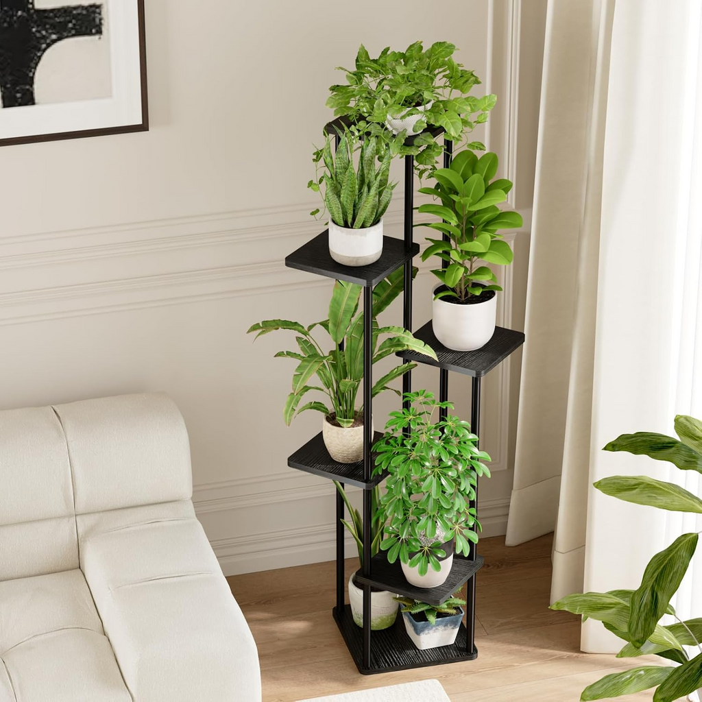 Estantería para plantas de 6 niveles, estructura metálica con estantes de madera, negra, para interior y exterior