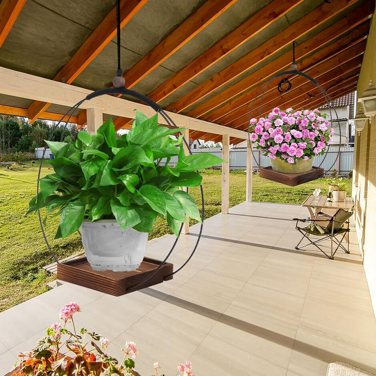 Set de 2 soportes colgantes para plantas con base de madera, diseño boho para interior y exterior