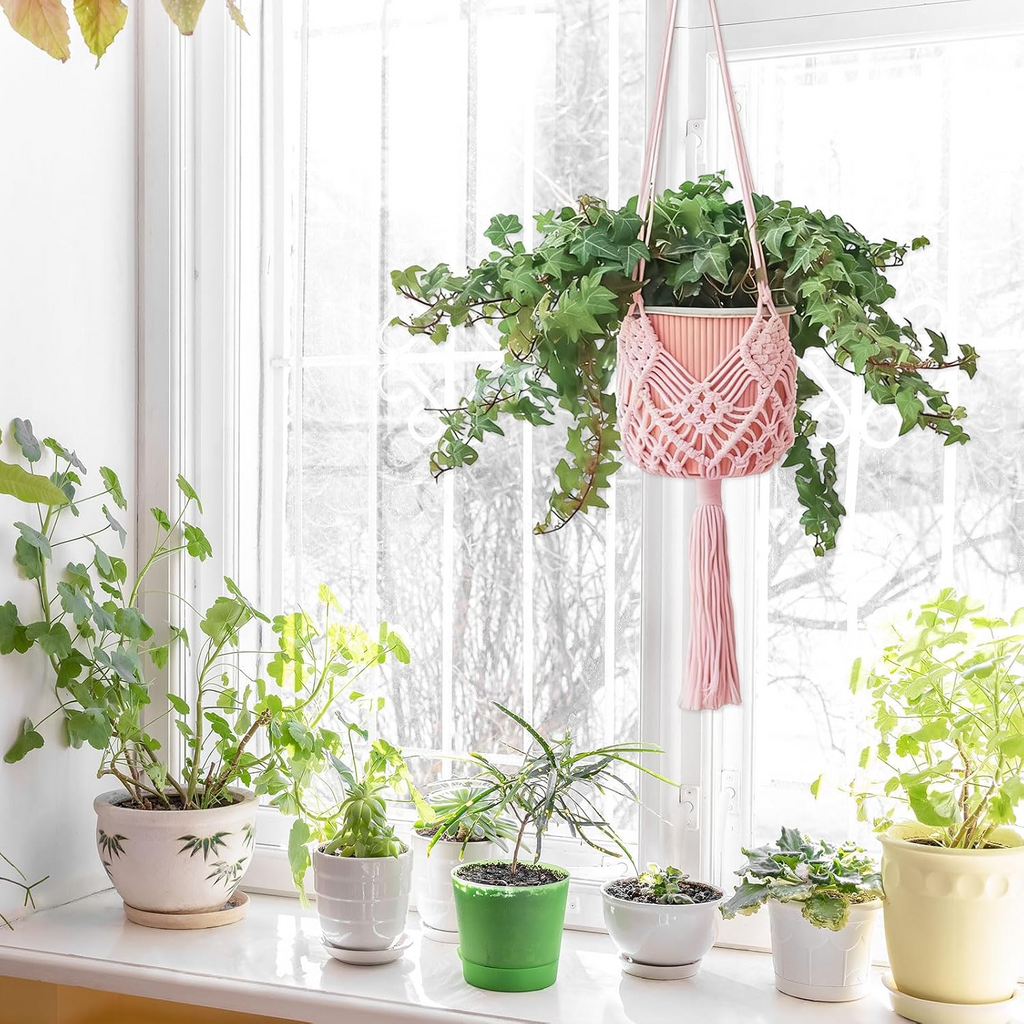 Set de 2 colgadores de macramé para macetas de hasta 20 cm, diseño boho en rosa claro