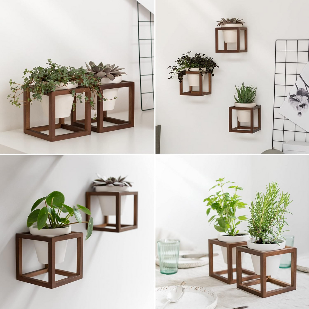Set de 3 maceteros de pared de cerámica con marcos de madera maciza, acabado marrón nogal