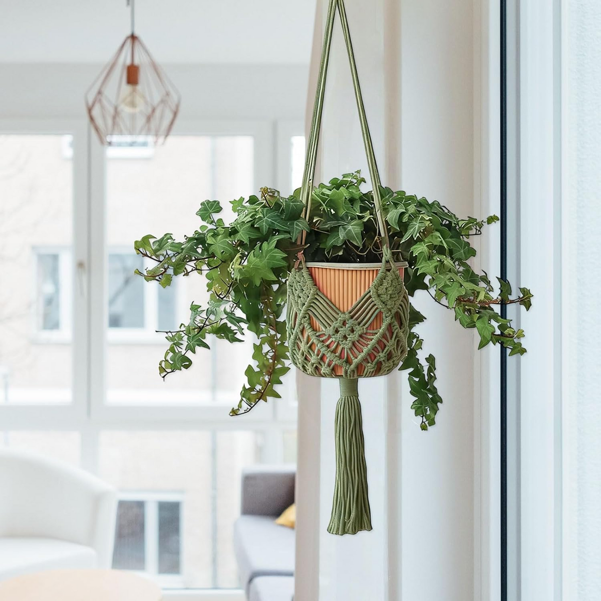 Set de 2 colgadores de macramé para macetas de hasta 20 cm, diseño boho en verde oscuro