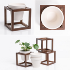 Set de 3 maceteros de pared de cerámica con marcos de madera maciza, acabado marrón nogal