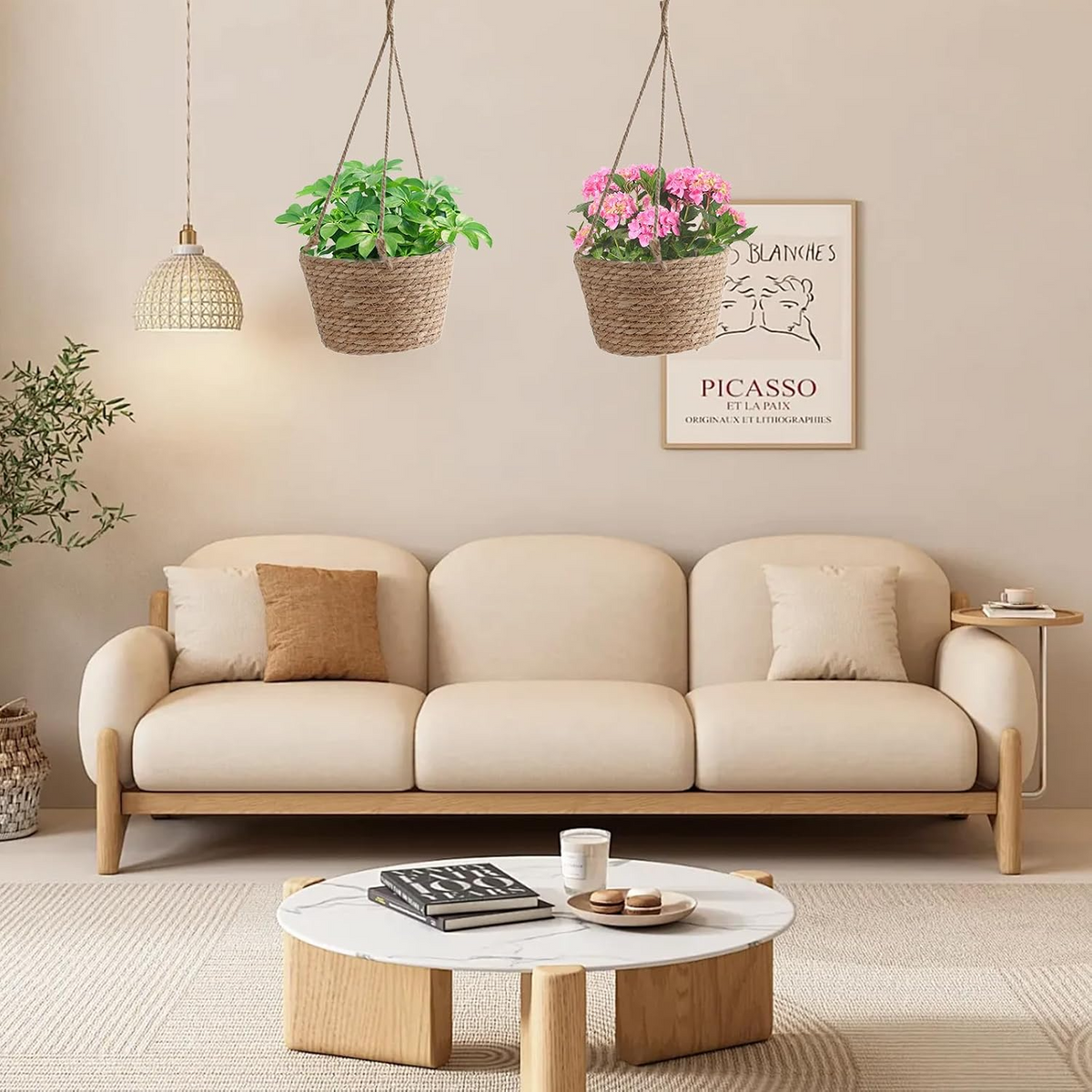 Set de 2 maceteros colgantes de fibra natural de 20 cm, tejidos a mano, para interior y exterior
