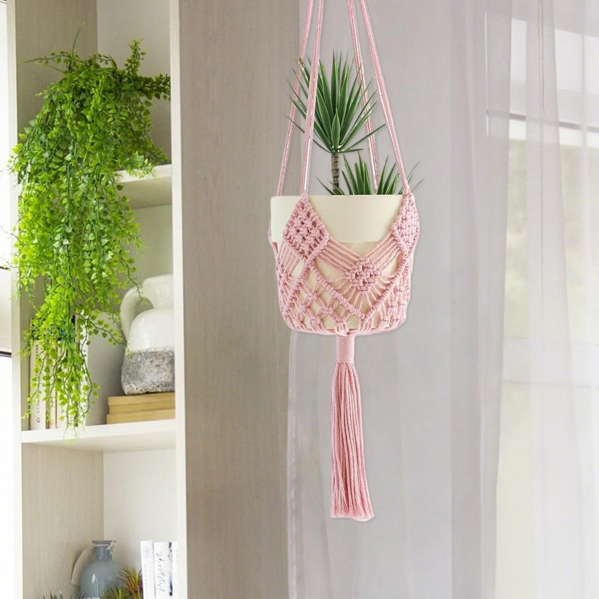 Set de 2 colgadores de macramé para macetas de hasta 20 cm, diseño boho en rosa claro