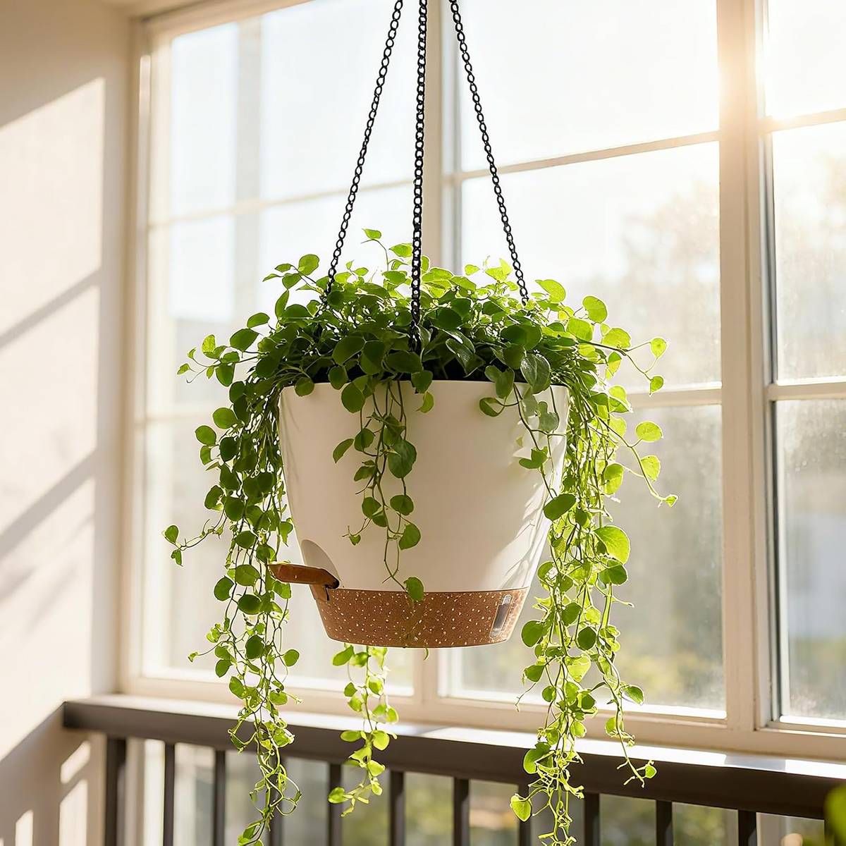 Set de 2 maceteros colgantes con depósito de agua, blancos y dorados, para interior y exterior