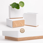 Set de 3 maceteros de pared de resina con detalle de madera, blancos, para plantas de interior