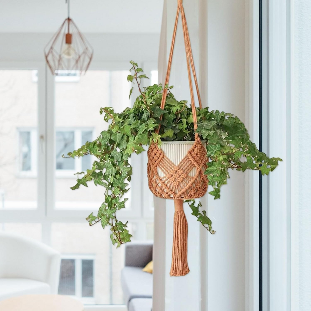 Set de 2 colgadores de macramé para macetas de hasta 20 cm, diseño boho en color caramelo