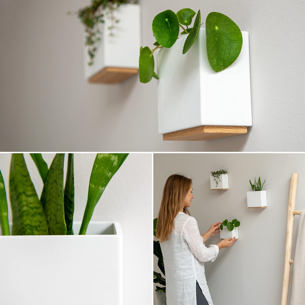 Set de 3 maceteros de pared de resina con detalle de madera, blancos, para plantas de interior
