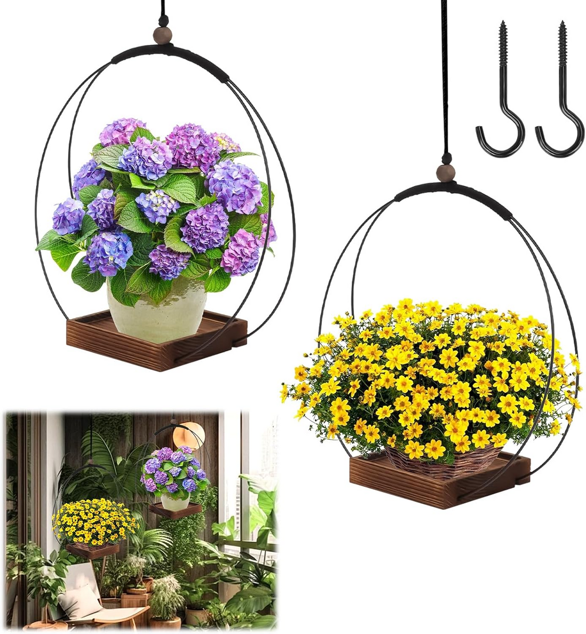 Set de 2 soportes colgantes para plantas con base de madera, diseño boho para interior y exterior
