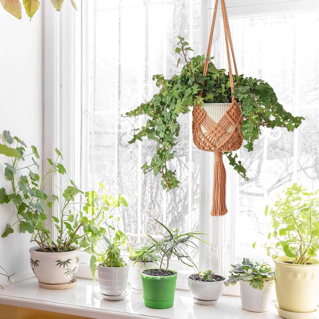 Set de 2 colgadores de macramé para macetas de hasta 20 cm, diseño boho en color caramelo