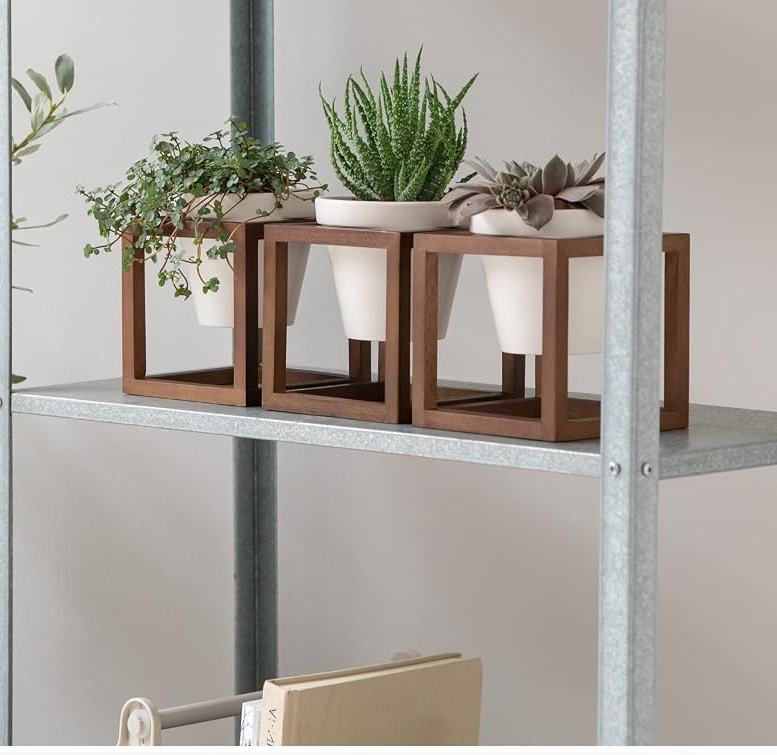 Set de 3 maceteros de pared de cerámica con marcos de madera maciza, acabado marrón nogal