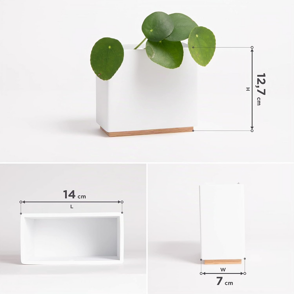 Set de 3 maceteros de pared de resina con detalle de madera, blancos, para plantas de interior