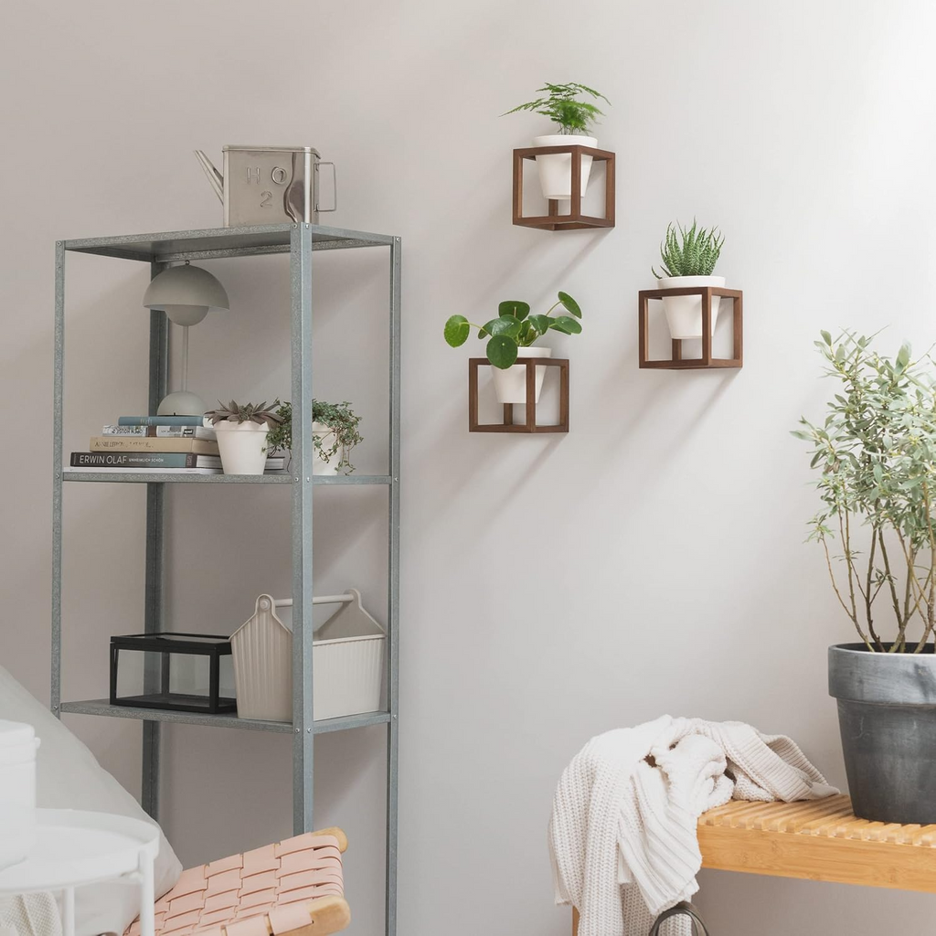 Set de 3 maceteros de pared de cerámica con marcos de madera maciza, acabado marrón nogal