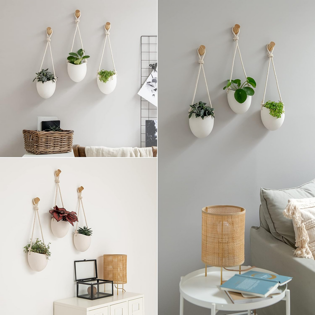 Set de 3 maceteros de pared de porcelana con ganchos de madera, blancos mate, para plantas de interior