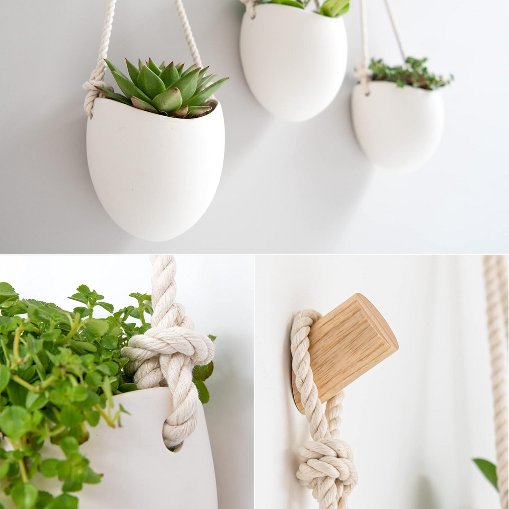Set de 3 maceteros de pared de porcelana con ganchos de madera, blancos mate, para plantas de interior