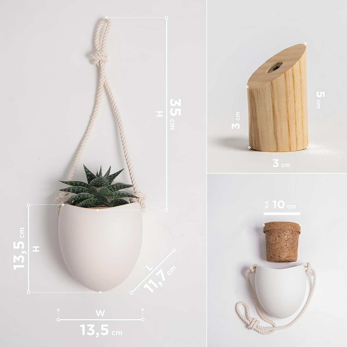 Set de 3 maceteros de pared de porcelana con ganchos de madera, blancos mate, para plantas de interior