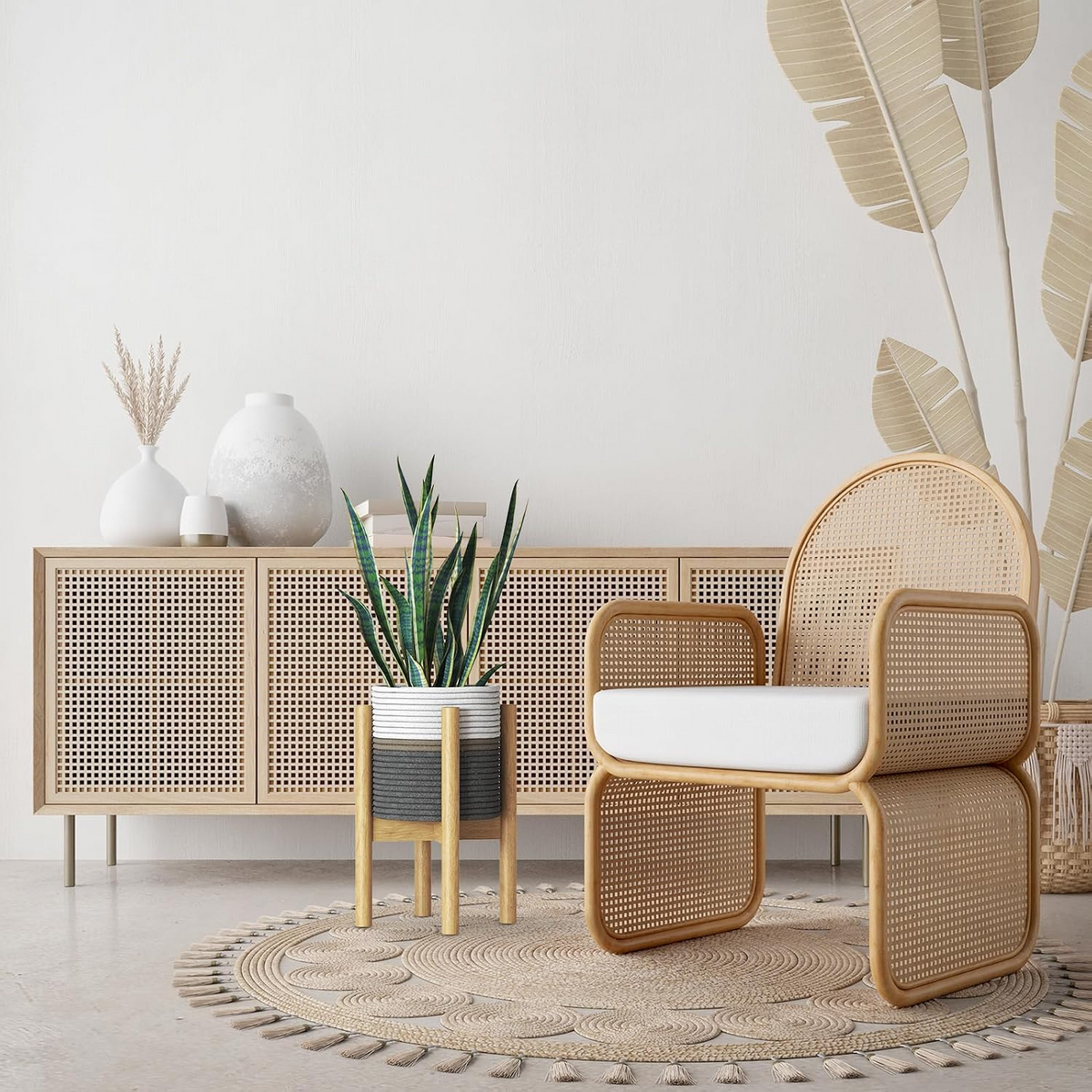 Set de macetero textil con soporte de bambú, pedestal decorativo para plantas de interior