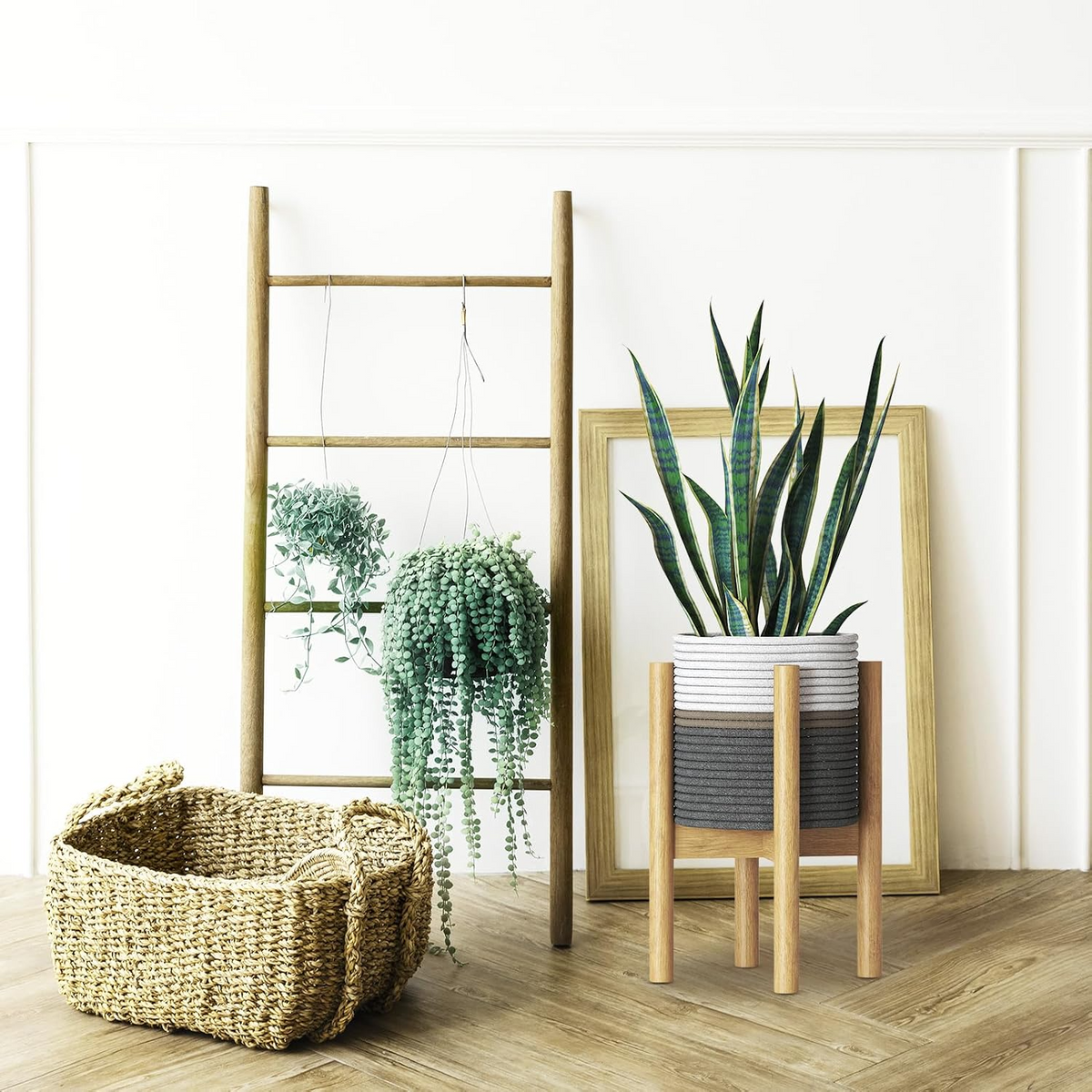 Set de macetero textil con soporte de bambú, pedestal decorativo para plantas de interior