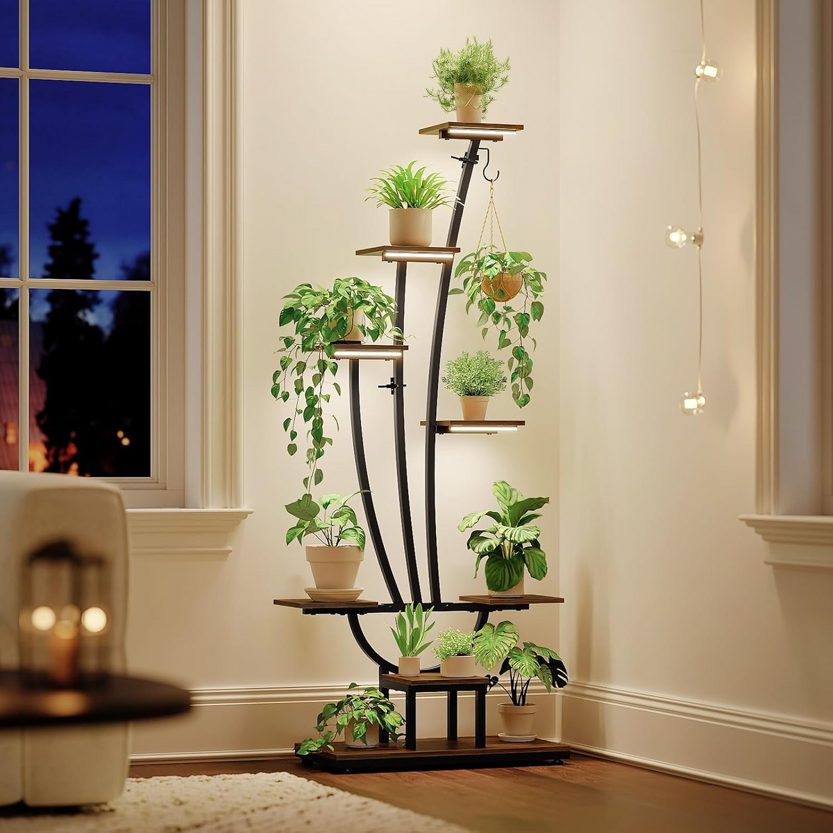 Estantería para plantas con luz de cultivo, 7 niveles, estructura de metal y madera para interior, salón, balcón y jardín