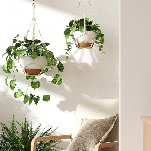 Colgador de macramé para macetas con cuentas de madera, soporte colgante boho para interior y exterior