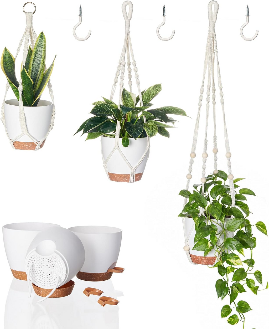 Set de 3 maceteros colgantes con soportes de macramé y sistema de autorriego, blancos, para interior y balcón