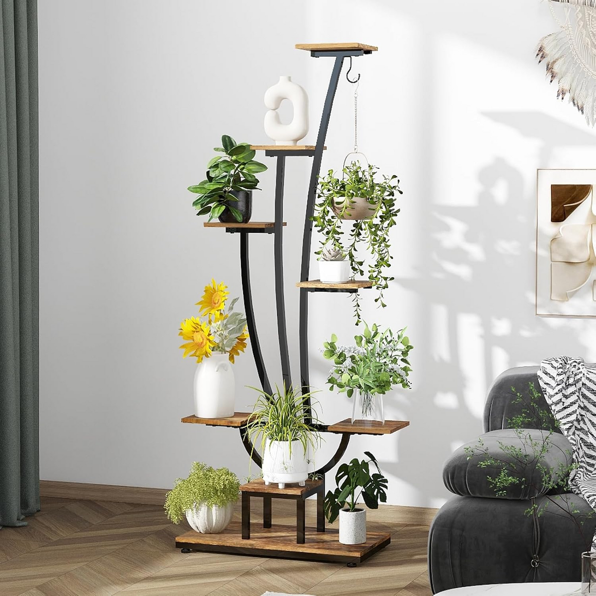 Estantería para plantas con luz de cultivo, 7 niveles, estructura de metal y madera para interior, salón, balcón y jardín