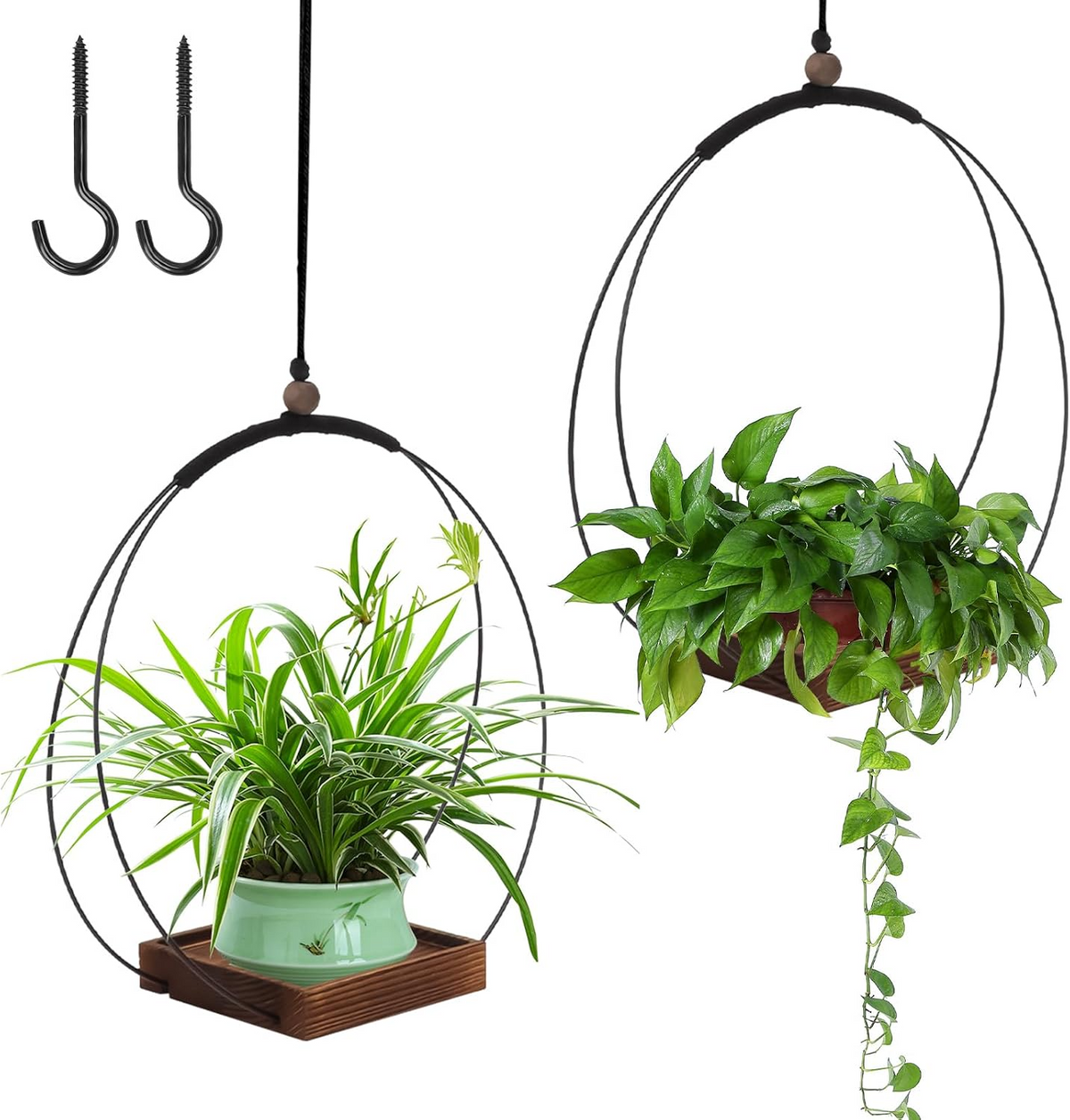 Set de 2 soportes colgantes para plantas con base de madera, diseño boho para interior y exterior