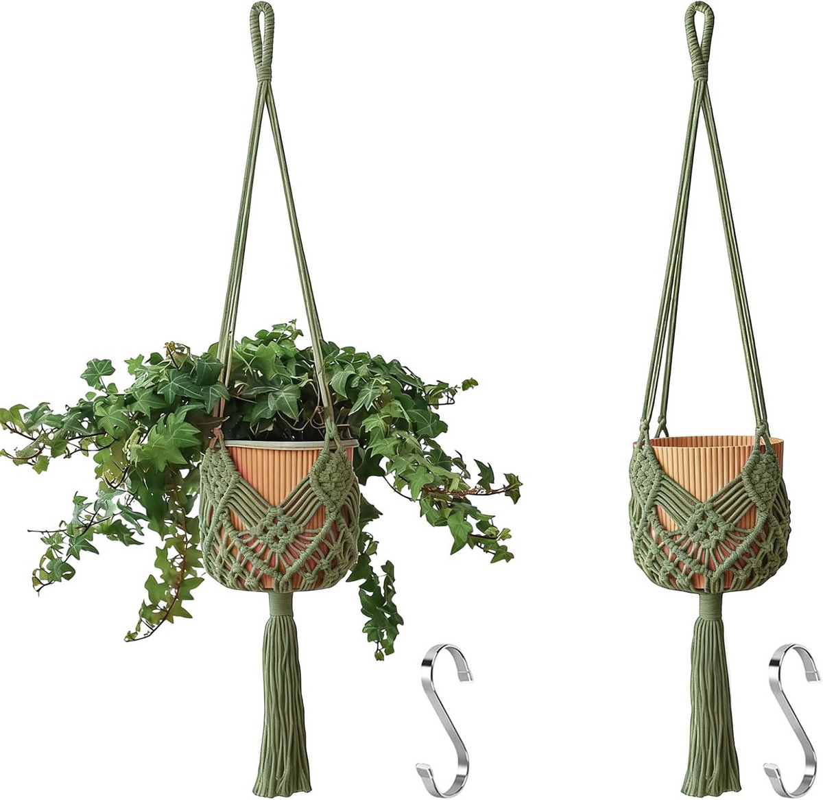 Set de 2 colgadores de macramé para macetas de hasta 20 cm, diseño boho en verde oscuro