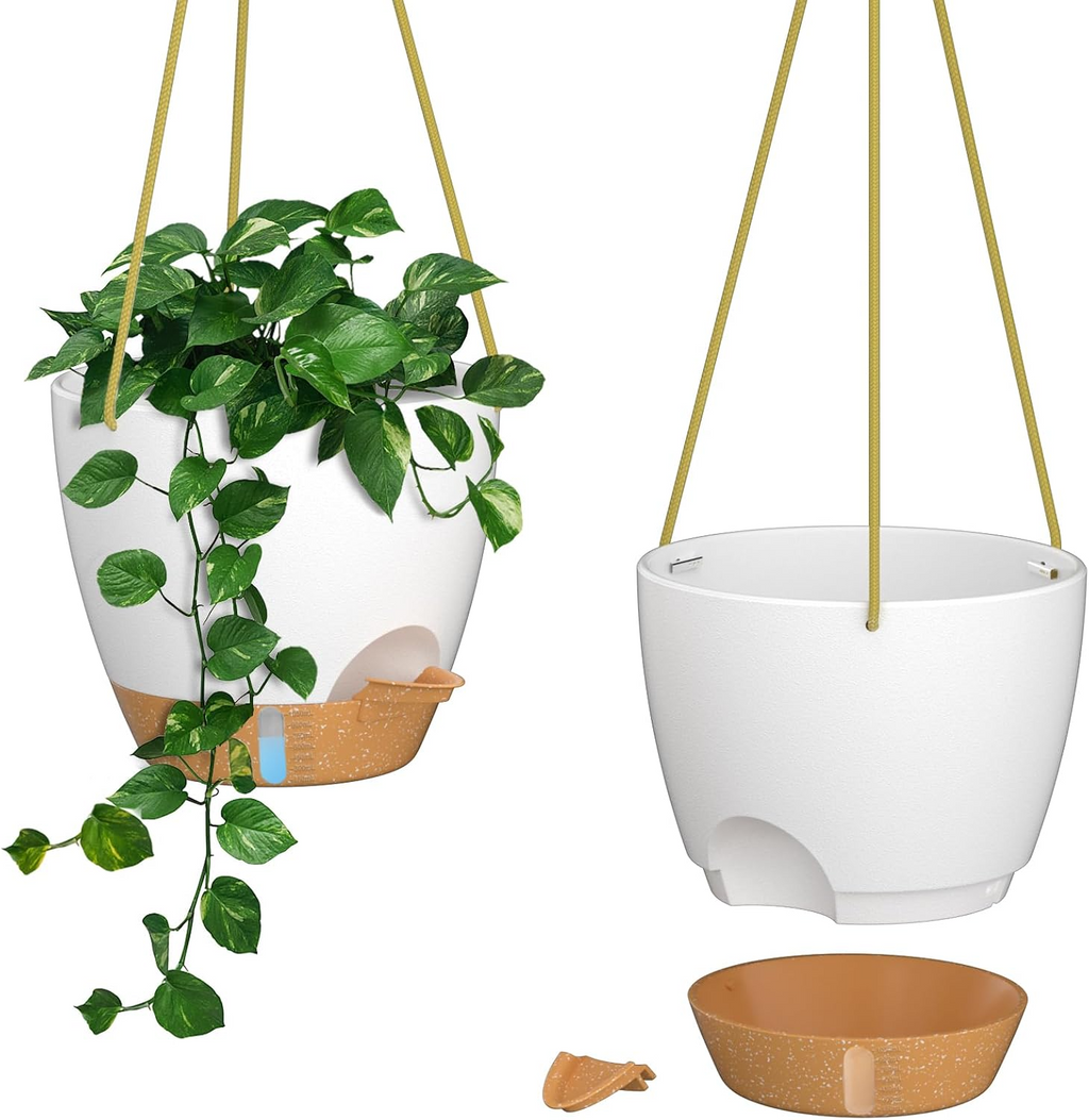 Set de 2 maceteros colgantes de autorriego de 20 cm con orificios de drenaje y depósito de agua, blancos