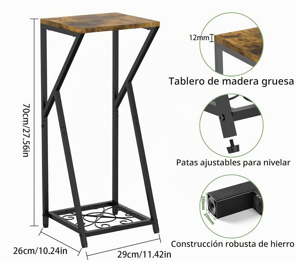 Soporte para plantas de 2 niveles, estructura metálica con estante de madera, ideal para interior, balcón y terraza