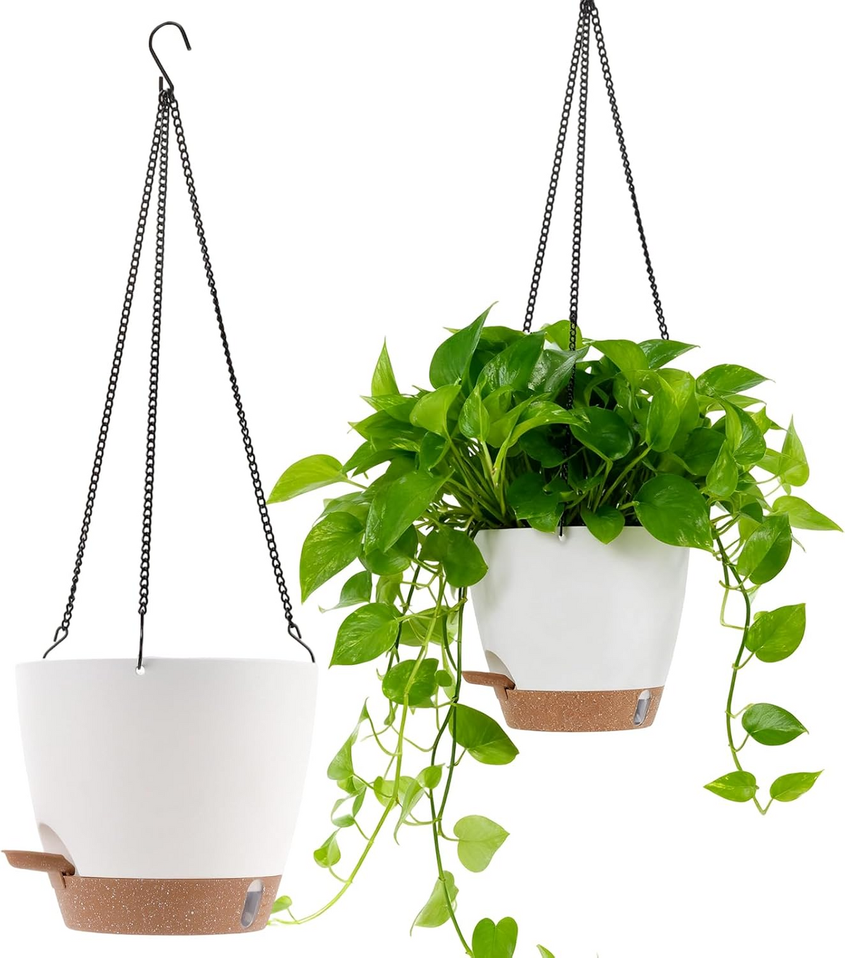 Set de 2 maceteros colgantes con depósito de agua, blancos y dorados, para interior y exterior