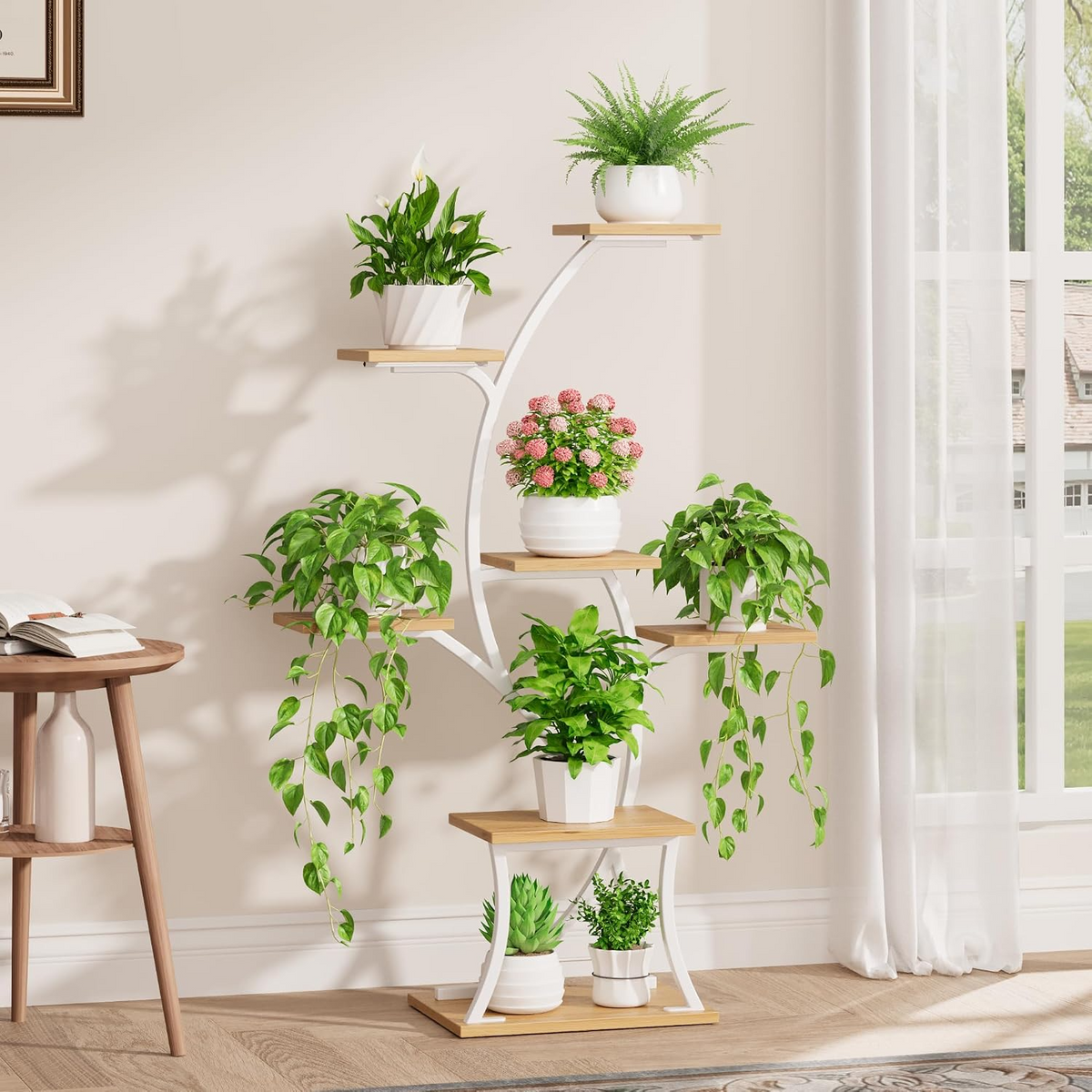 Estantería para Plantas de Interior con Luz de Cultivo, 7 Niveles, Estructura Metálica Curvada, Blanco