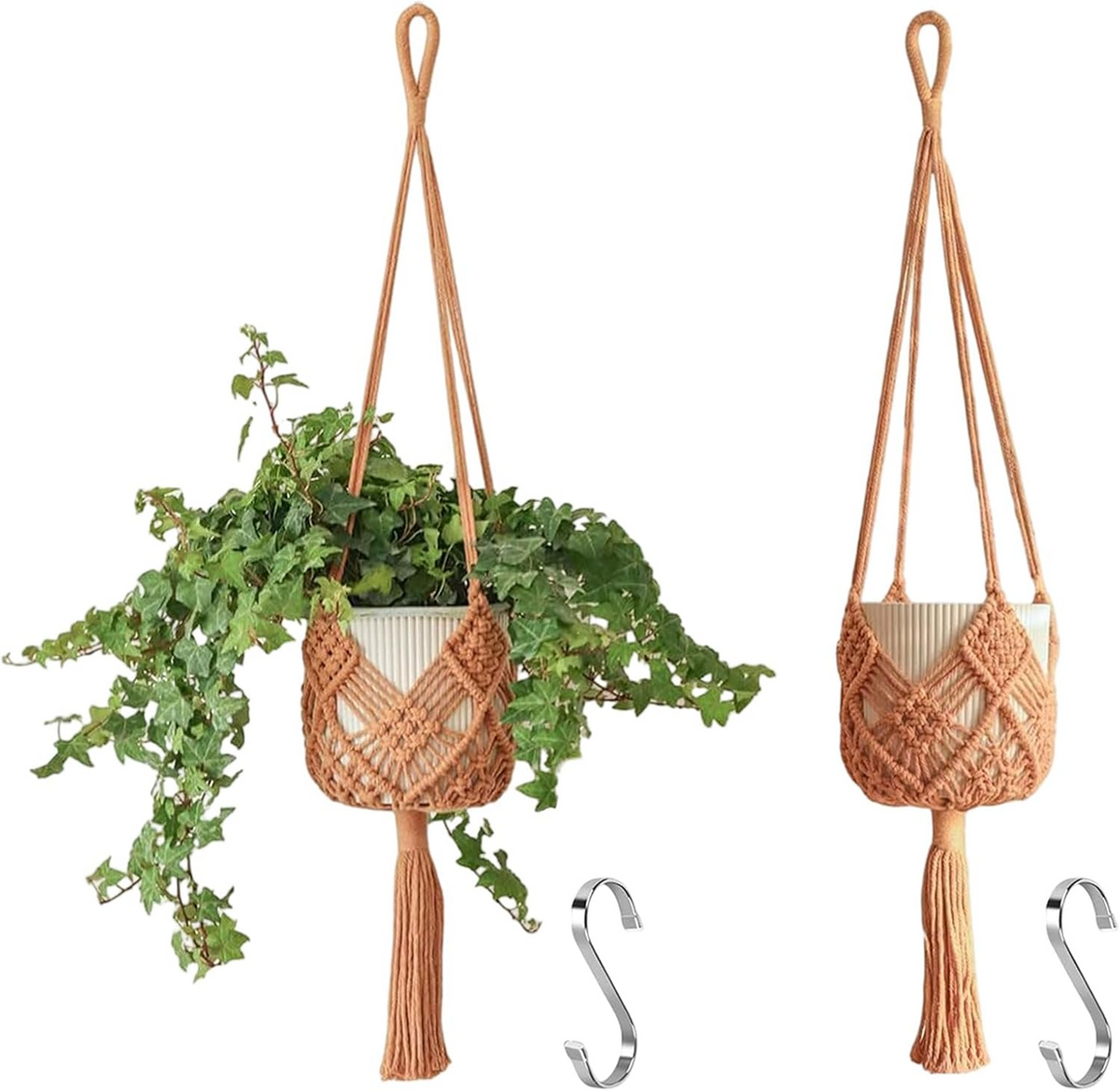 Set de 2 colgadores de macramé para macetas de hasta 20 cm, diseño boho en color caramelo