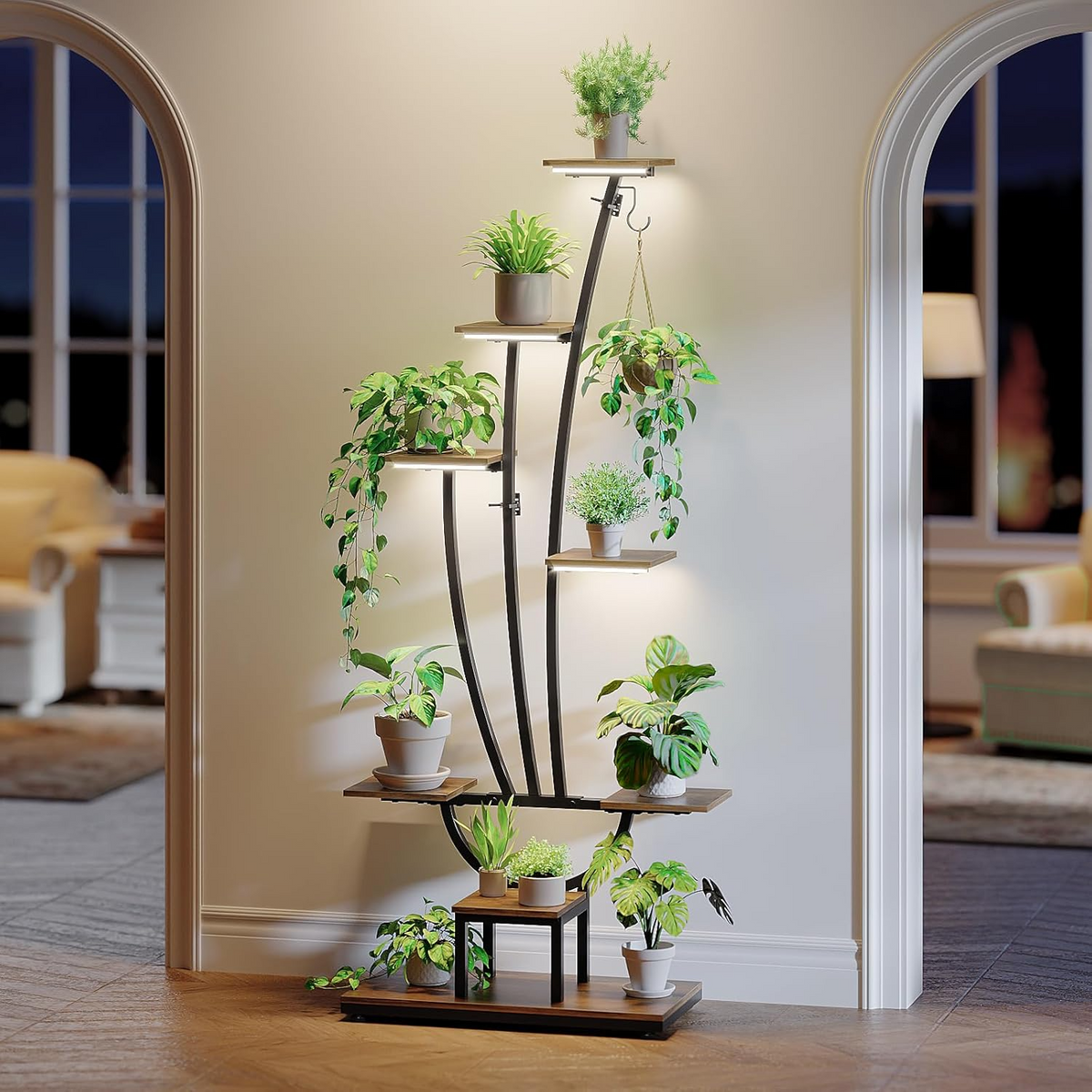 Estantería para plantas con luz de cultivo, 7 niveles, estructura de metal y madera para interior, salón, balcón y jardín